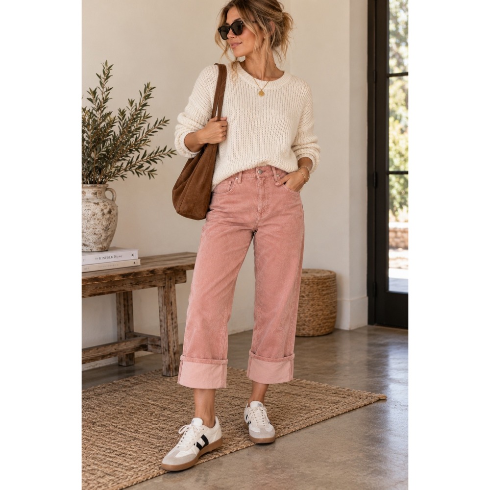 Pilcro Corduroy Pants High Rise Wide Cuff Pink Straight Leg Cropped Size 30